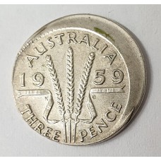 AUSTRALIA 1959 . THREEPENCE . ERROR . LARGE MIS-STRIKE . OFF CENTRE
